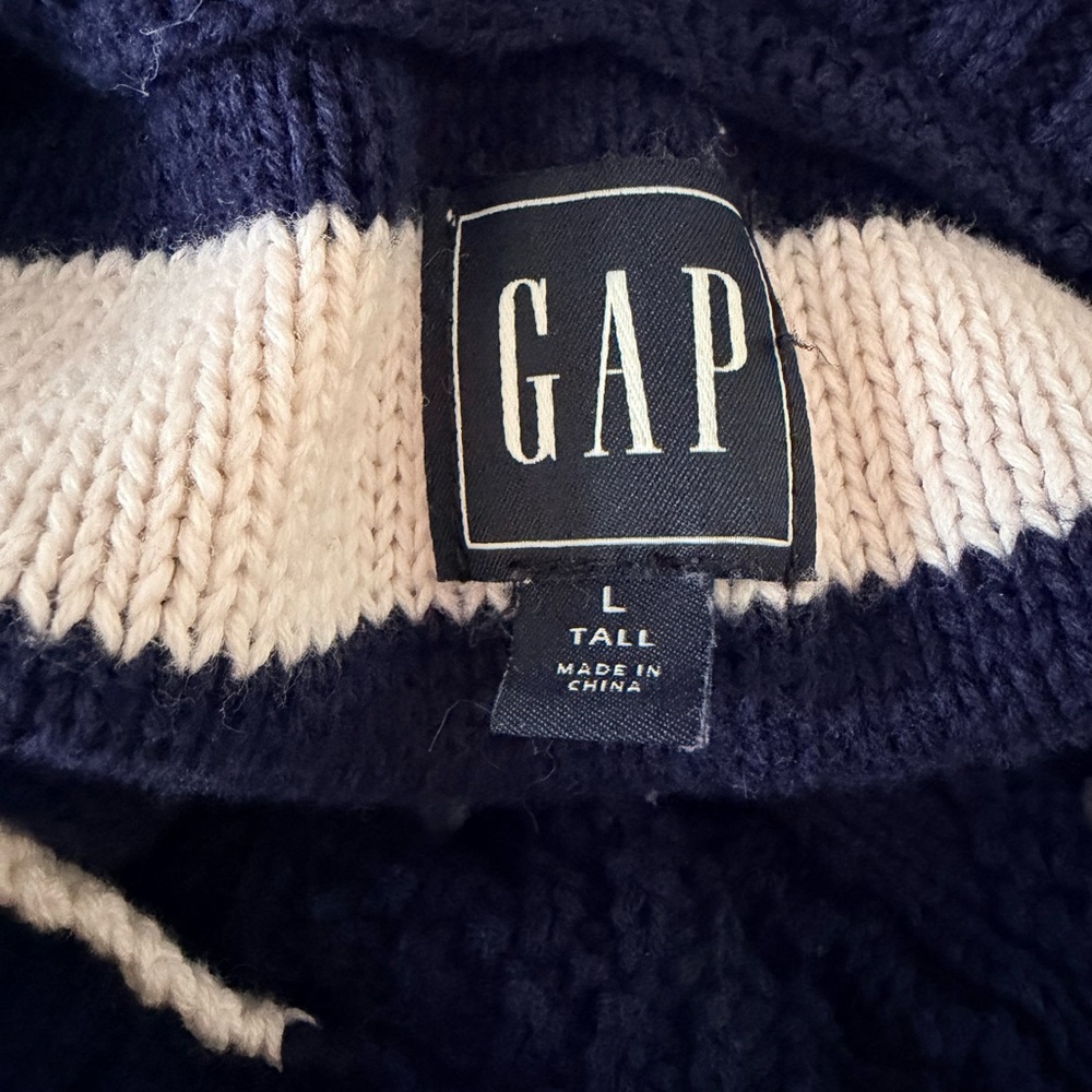 GAP Navy and Cream Striped Turtleneck Sweater with Various Cable Knit Design - Picture 10 of 15